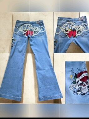 NEW ED HARDY ( 32/12 ) Love Kills Slowly Retro Light Blue Fit & Flare Leg Jeans